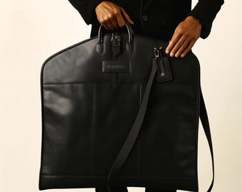 Personalized Black Leather Suit Carrier, Travel Garment Bag, Groomsmen Gift