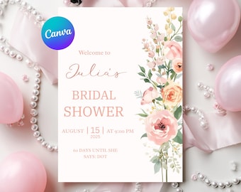 Invitación de despedida de soltera con flores ruborizadas, estilo jardín bohemio de flores silvestres (plantilla de Canva para descarga digital)