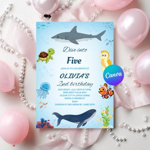 May include: An invitation for Olivia's 2nd birthday party with an ocean theme. The invitation features a shark, turtle, seahorse, jellyfish, whale, and clownfish. The text reads "Dive into Five" and includes party details.