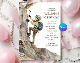 May include: Birthday invitation featuring a watercolor illustration of a child rock climbing. The invitation includes the text "WILLIAM'S 10 BIRTHDAY" and event details: date, time, location, and RSVP information. Pink balloons and pearl strands decorate the background.