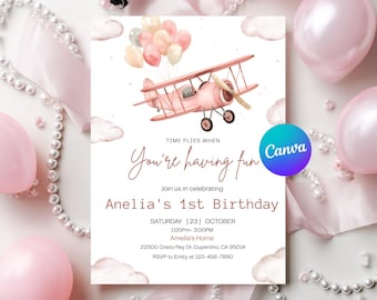 Retro Airplane 2nd Birthday Invitation, Time Flies Theme (Editable Canva Template)