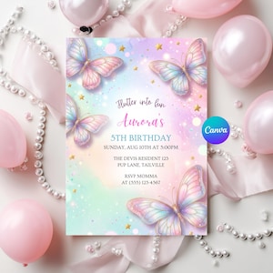 May include: A pastel-colored birthday invitation featuring watercolor butterflies and gold stars. The invitation includes the text "Flutter into fun" and details for Aurora's 5th birthday, including the date, time, and location.