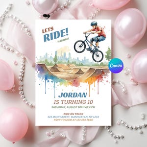 Op de afbeelding: Een verjaardagsuitnodiging met een BMX-thema. De uitnodiging bevat een aquarel illustratie van een BMX-rijder die een truc uitvoert op een dirt track. Tekst bevat "LET'S RIDE!" en details voor Jordans 10e verjaardag.