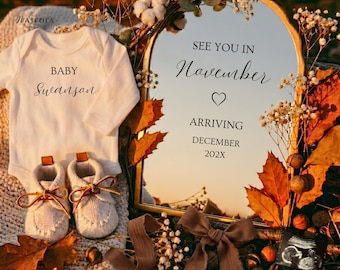 Anuncio de embarazo en noviembre: ¡Nos vemos en noviembre! Plantilla editable de Canva, estilo bohemio neutro para redes sociales (descarga digital).