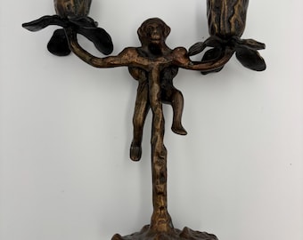 Vintage Bronze Monkey Climbing Palm Tree Candle Holder