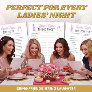 May include: Four women laughing while playing party games at a table. The games are titled "Drink If", "Think Fast", and "This or That". The text "Perfect for Every Ladies' Night" and "Bring Friends, Bring Laughter" are also visible.