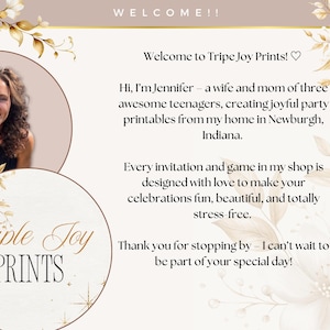 May include: A promotional graphic for Triple Joy Prints, featuring a woman's portrait and floral accents. Text includes "Welcome to Triple Joy Prints!" and a message about creating joyful party printables.