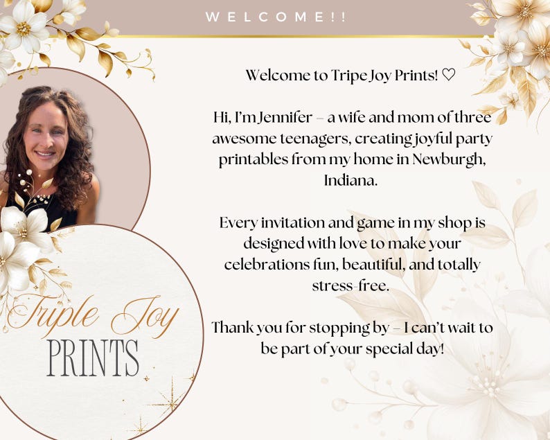 May include: A promotional graphic for Triple Joy Prints, featuring a woman's portrait and floral accents. Text includes "Welcome to Triple Joy Prints!" and a message about creating joyful party printables.