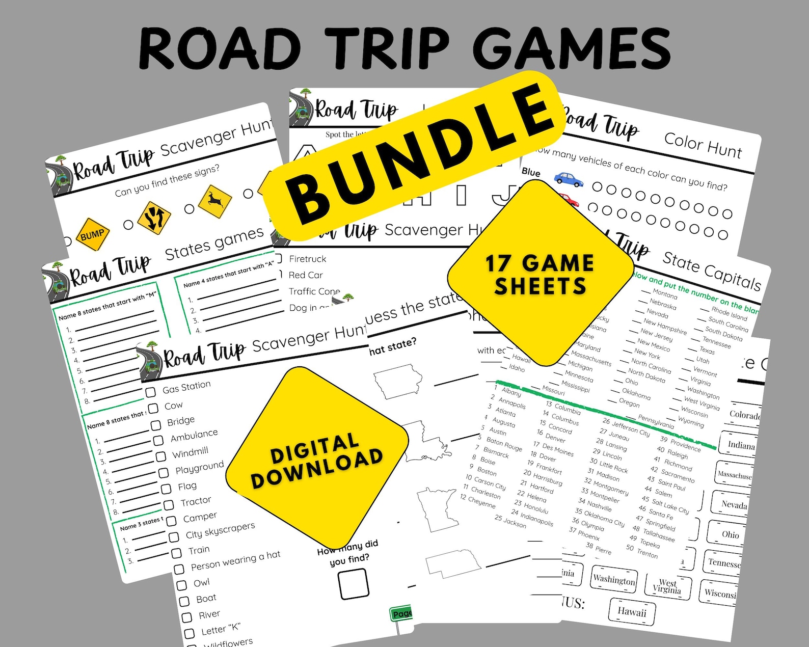 Fun Worksheets For Car Rides Road Trip Games BUNDLE, Printable Family Road Trip Activities, Car Ride ...