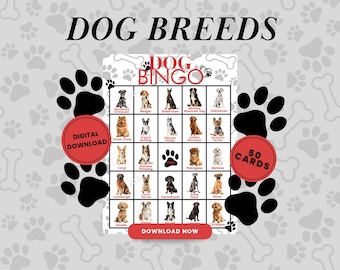 Dog Breeds Bingo, 50 Bingo Cards, Dog BINGO, Party Games, Puppy BINGO, School Party Games, Dog Birthday Party games, Party Printable Games