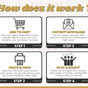 May include: A graphic showing the steps to purchase and play Ladies' Night Party Games. The steps include adding to cart, instant download, print & prep, and play & enjoy. The text is in a gold and black color scheme.