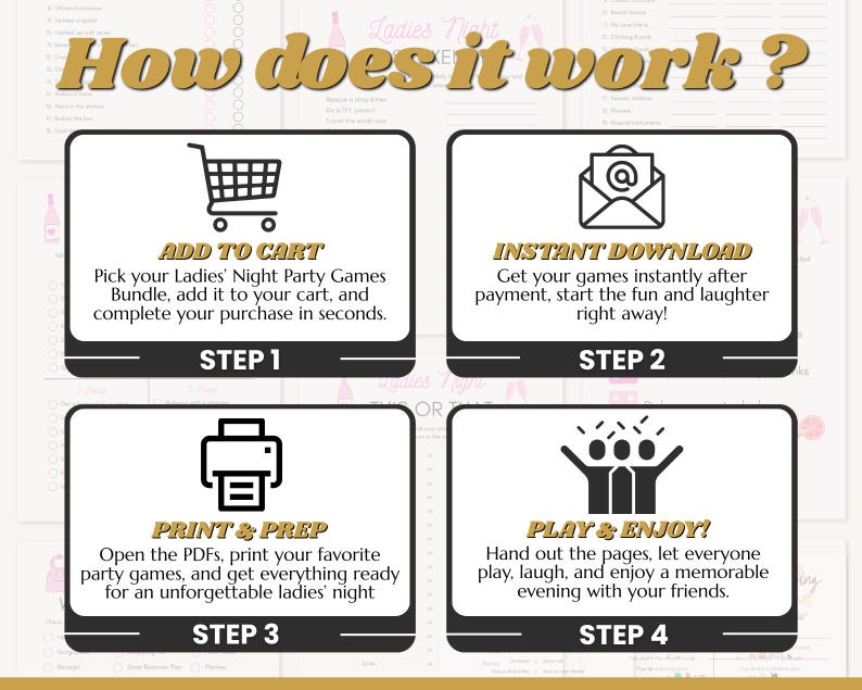 May include: A graphic showing the steps to purchase and play Ladies' Night Party Games. The steps include adding to cart, instant download, print & prep, and play & enjoy. The text is in a gold and black color scheme.