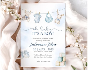 Baby Shower Boy Invitation, Blue Baby Shower for Baby Boy, It's a Boy Invite Blue Baby Shower, Boy Baby Shower Invitation Template