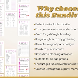 May include: A collection of printable party games with pink accents and the text "Ladies Night." The games include "Scavenger Hunt," "This or That," and "Drunk Dice." The text "Why choose this Bundle?" is also visible.