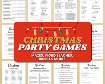 May include: A collection of Christmas party game printables. The central image features a red background with the text "CHRISTMAS PARTY GAMES" and "MAZES, WORD SEARCHES, BINGO & MORE!". Other sheets include game instructions and word searches.