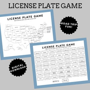 Puede incluir: Dos hojas imprimibles del "Juego de matrículas". Una presenta un mapa de EE. UU. para colorear los estados. La otra tiene nombres de estados para marcar. Incluye gráficos "Road Trip Fun!" y "Digital Download".
