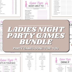 Puede incluir: Un paquete de juegos imprimibles para la fiesta de "Noche de Chicas". Los juegos incluyen "Lo más probable", "Qué hay en tu bolso", "Bebe si" y una búsqueda del tesoro. El texto está en una fuente lúdica con acentos rosas.