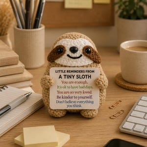 Op de afbeelding: Een beige gehaakt luiaardfiguurtje dat een wit vierkant bordje vasthoudt met de tekst: LITTLE REMINDERS FROM A TINY SLOTH. You are enough. It's ok to have bad days. You are so very loved. Be kinder to yourself. Don't believe everything you think.
