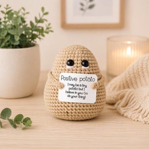 May include: A crocheted beige potato figure with black eyes and a small pink mouth, holding a white sign that reads "Positive potato". The sign includes the text "I may be a tiny potato but I believe in you Go do your thing!"