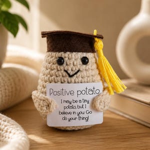 May include: A beige crocheted potato figure wearing a brown felt graduation cap with a yellow tassel. The figure has black bead eyes, a stitched smile, and holds a white sign that reads: Positive potato. I may be a tiny potato, but I believe in you Go do your thing!