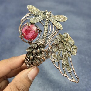 Handmade Copper Bangle, Wire Wrapped Faceted Kashmir Ruby Cuff Bracelet, Dragonfly Flower Design