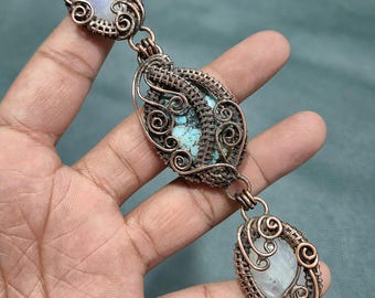 Handmade Tibetan Turquoise, Rainbow Moonstone Bracelet, Wire Wrapped Adjustable Bracelet Jewelry for Gift