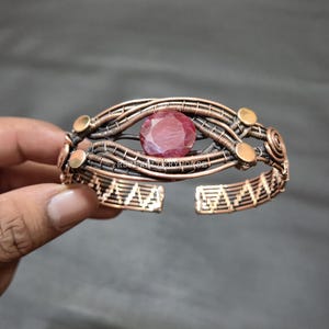 Handmade Faceted Kashmir Ruby Bangle Handmade Bracelet Copper Bangle, Wire Wrapped Adjustable Bracelet For Gift