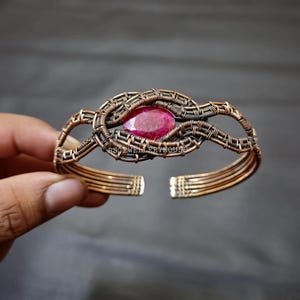 Beautiful Faceted Kashmir Ruby Bangle Handmade Bracelet Copper Bangle, Wire Wrapped Adjustable Bracelet For Gift