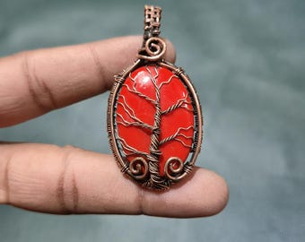 Schöne rote Koralle Anhänger Baum des Lebens Kupferdraht eingewickelt Anhänger rote Koralle Edelstein handgemachte Schmuck Geschenk für sie