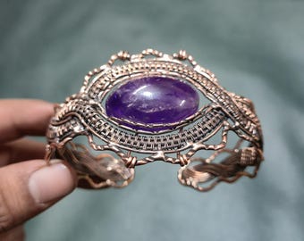Amethyst Bracelet Natural Amethyst bangle Copper Wire Wrapped Cuff Adjustable Bracelet Handmade Jewelry Wedding & Anniversary Gift For Her