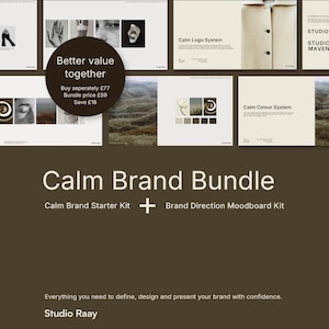 Brand Identity Kit bundle pricing slide showing Calm Brand Starter Kit and Moodboard Templates for Canva, with bundle price £59 and £18 savings compared to buying separately.