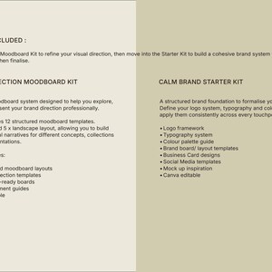 Calm Brand Bundle overview showing what’s included in the Brand Direction Moodboard Kit and Calm Brand Starter Kit, editable Canva templates for building a cohesive brand identity.