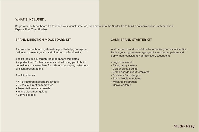Calm Brand Bundle overview showing what’s included in the Brand Direction Moodboard Kit and Calm Brand Starter Kit, editable Canva templates for building a cohesive brand identity.