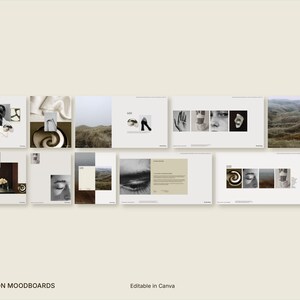 12 moodboard templates for Canva in portrait and landscape layouts, shown in neutral brand aesthetic, part of the Calm Brand Identity Kit bundle.