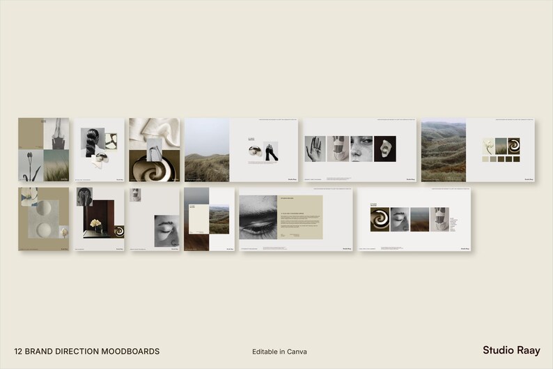 12 moodboard templates for Canva in portrait and landscape layouts, shown in neutral brand aesthetic, part of the Calm Brand Identity Kit bundle.