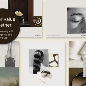 Brand Identity Kit bundle pricing slide showing Calm Brand Starter Kit and Moodboard Templates for Canva, with bundle price £59 and £18 savings compared to buying separately.