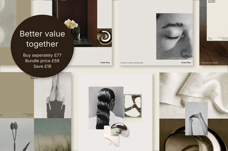 Brand Identity Kit bundle pricing slide showing Calm Brand Starter Kit and Moodboard Templates for Canva, with bundle price £59 and £18 savings compared to buying separately.