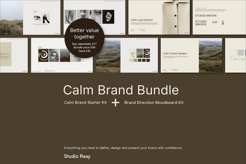 Brand Identity Kit bundle pricing slide showing Calm Brand Starter Kit and Moodboard Templates for Canva, with bundle price £59 and £18 savings compared to buying separately.