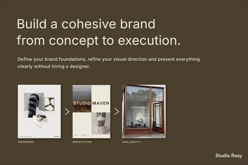 Brand Identity Kit process slide showing moodboard templates, brand system layouts and final brand identity application, part of the Canva Calm Brand Bundle.