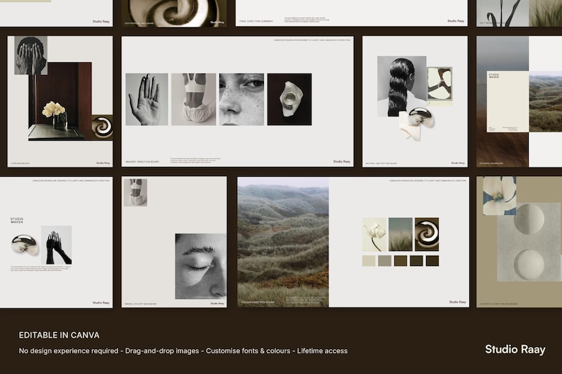 Canva editable Brand Identity Kit with 12 moodboard templates and visual direction layouts, part of the Calm Brand Bundle for cohesive brand design.