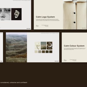Calm Brand Starter Kit preview showing logo system, colour palette and typography templates editable in Canva for cohesive brand design.