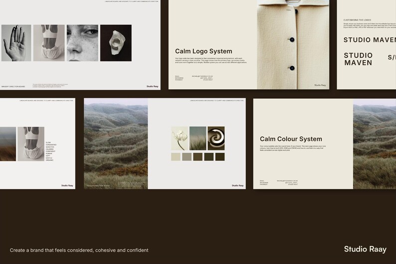 Calm Brand Starter Kit preview showing logo system, colour palette and typography templates editable in Canva for cohesive brand design.