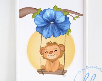 Baby lion on a swing – nursery poster, lion swinging in the sun, blue flower, illustration for kids, baby lion, nursery wall art