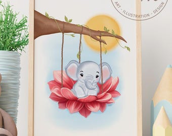 Baby Elephant in Flower Swing – Poster for the nursery, baby's room, cute animal illustration, nursery print, happy elephant art for kids