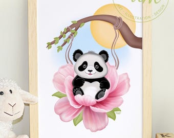 Baby panda in a flower swing – Poster for the nursery, baby's room, flower swing, panda illustration, nursery wall art, artwork for kids