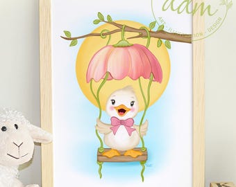 Baby duck on a wooden swing with a flower parasol – poster for the nursery, cute duck illustration, artwork for kids, nursery wall art
