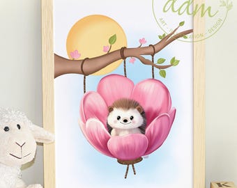 Cute hedgehog swinging on flowers – wall art, poster for children's room, baby's room, hand-painted design, hedgehog, cute animal art, nursery print