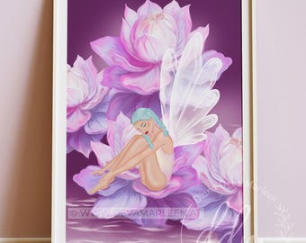 Nature Spirit - artwork, poster, blossom fairy, fantasy flowers with fairy, elf, pink peonies, flower love, hand-painted, Mother Nature