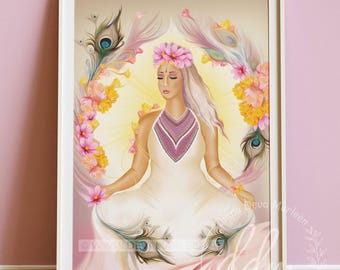 Goddess of Inner Peace - Mural, Woman Meditating, Floral Splendor, Peacock, Wild Woman Artwork, Feminine Meditation Painting, Bohemian Wild Soul