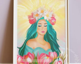 Blossom Goddess Poster - Spring goddess, flowers, vibrant colors for life energy, wild woman art, strengthening joie de vivre, hand-painted artwork
